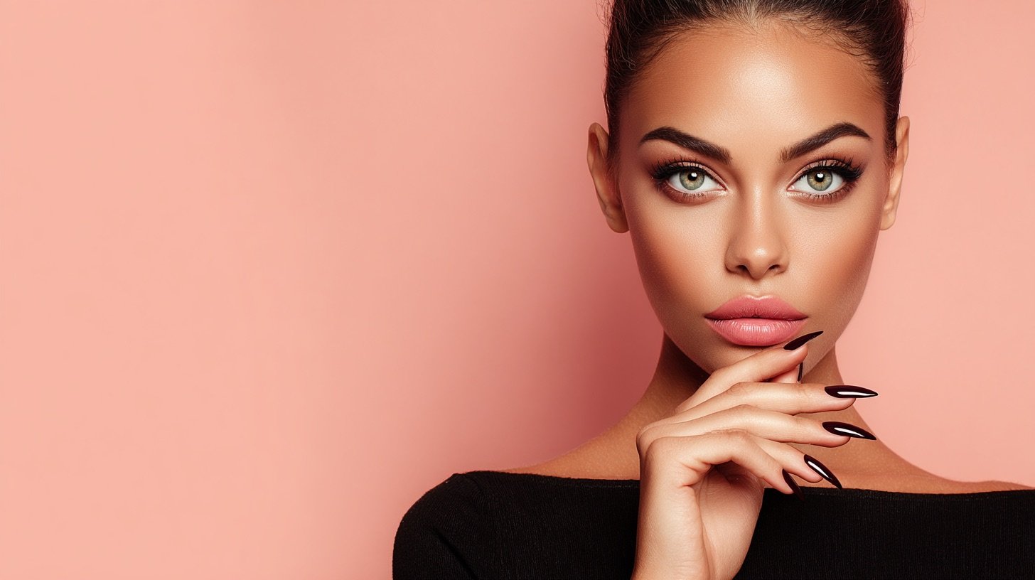 Brunette beauty model in a black top resting glossy black-lacquer almond nails against her chin