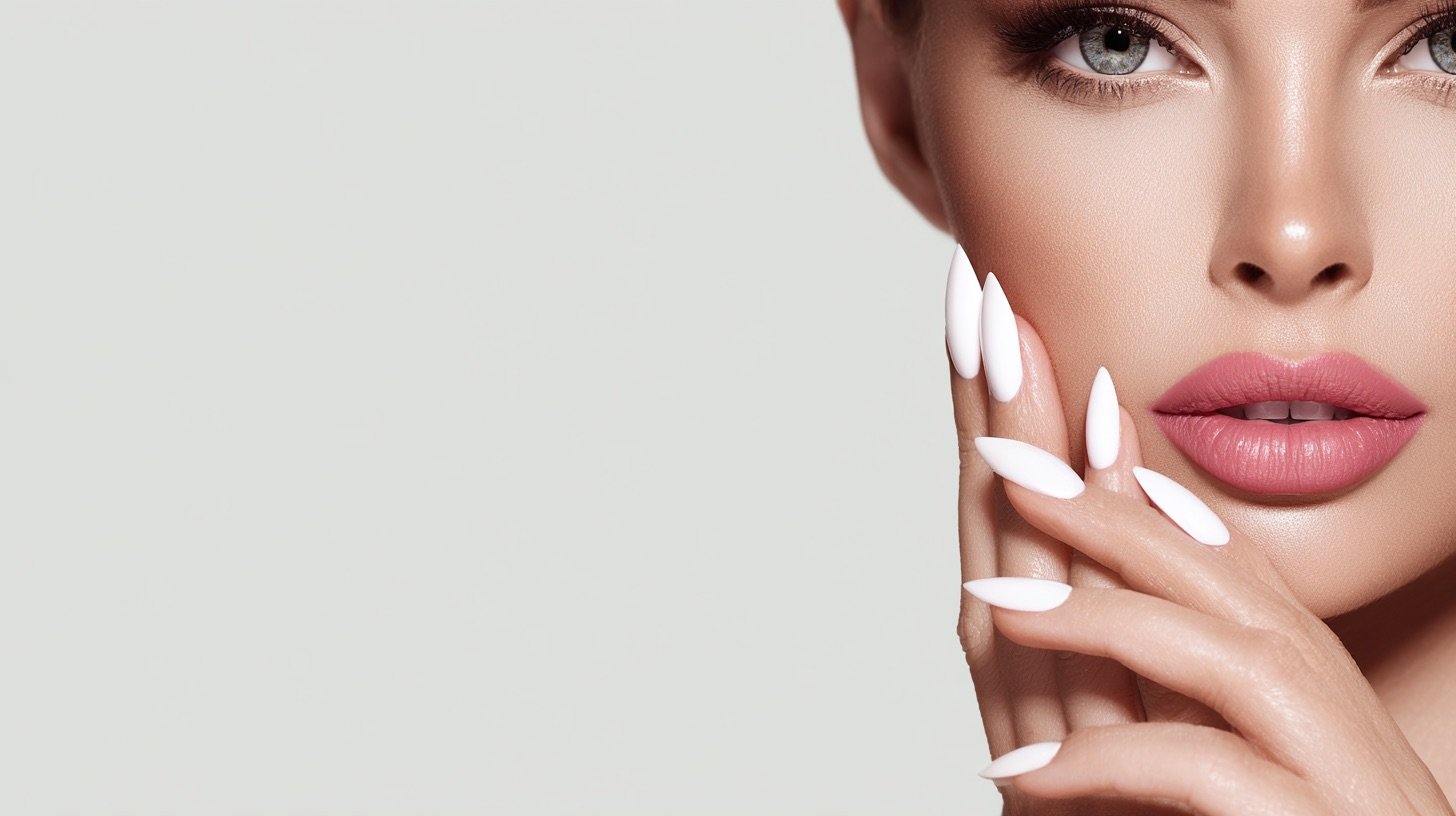 Beauty model with elegant ivory pointed-tip manicure, the M Nail Lounge signature aesthetic