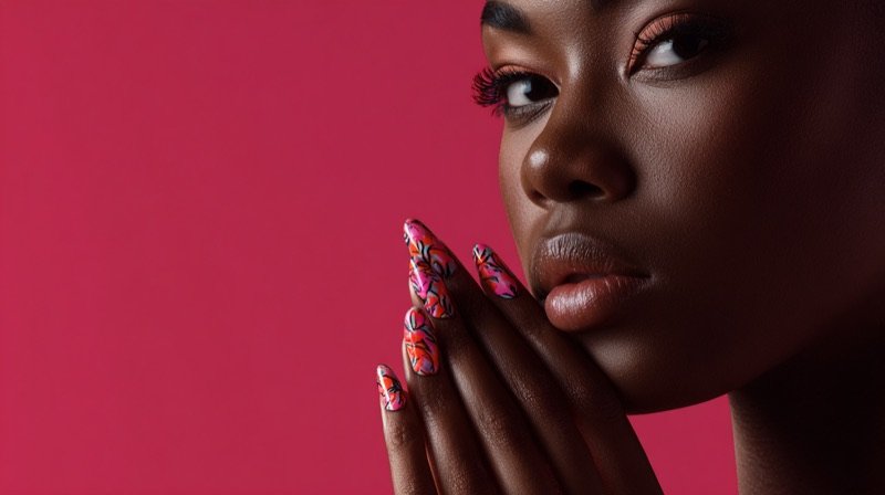 Custom hand-painted floral nail art with rose detail on each fingertip